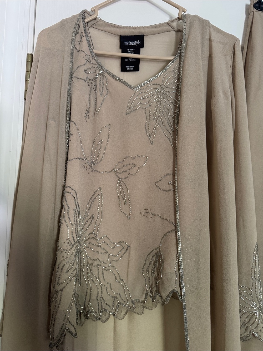 metrostyle Beaded Taupe/silver Evening Jacket, Shell, and Pants